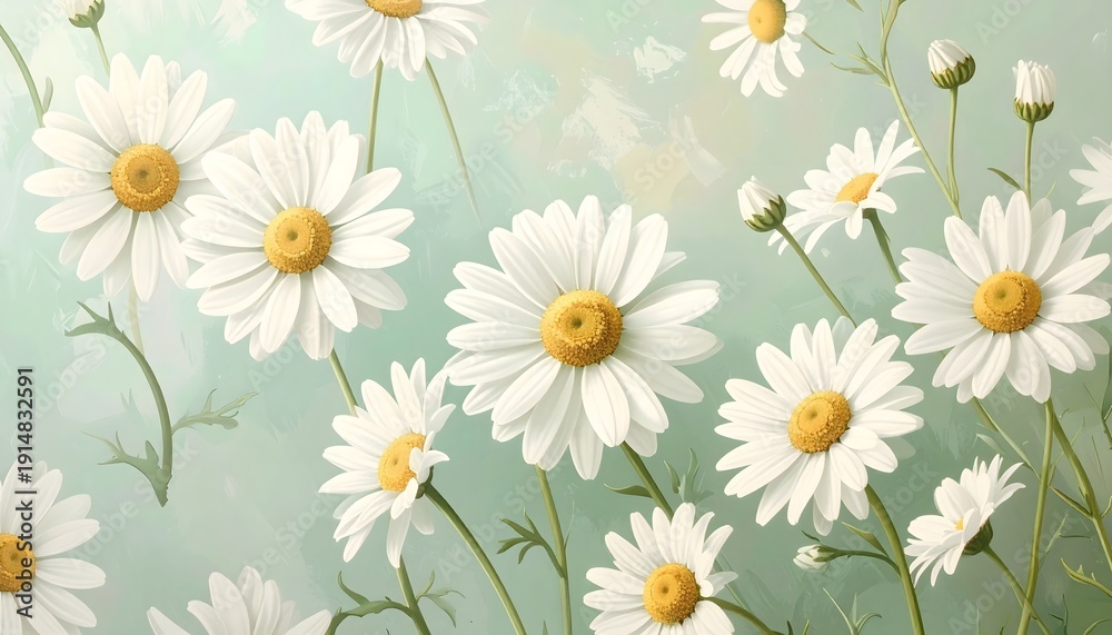 Fototapeta premium Margaritas blancas silvestres sobre fondo verde pastel en ilustración floral delicada