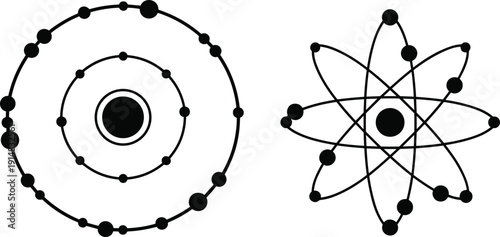 Atom structure icons set, scientific atomic model black vector illustration isolated on white background