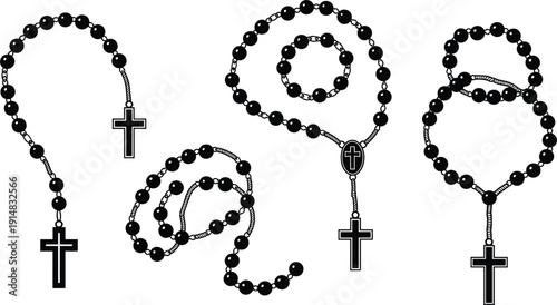Rosary Beads with Cross Pendant Collection in Black Silhouette Style Vector Illustration Set for Religious Symbol and Christian Design