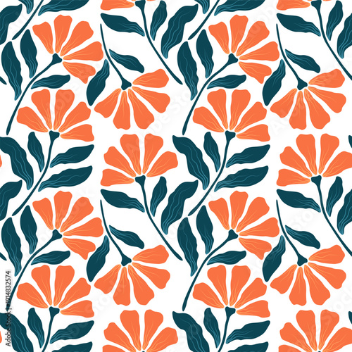 Orange flower summer seamless pattern with dark green leaves on white background. Endles coral color floral pattern simple hand drawn botanical elements. Elegant textile print design