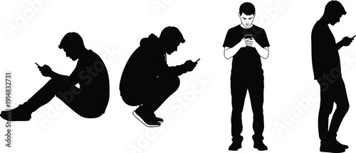 Teen boy using smartphone silhouettes set, young man texting and browsing mobile phone isolated black vector illustration