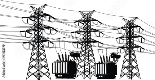 power transmission towers, high voltage lines, electrical grid infrastructure, electricity 