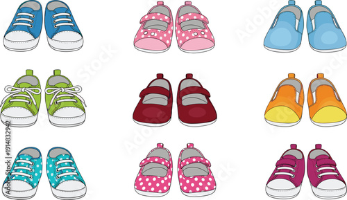 Kids Shoes Collection with Colorful Sneakers and Baby Footwear Vector Illustration Set for Children Fashion, Nursery Design and Apparel Graphics