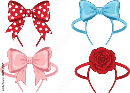 Cute Hairband Accessories Collection with Bows and Floral Headbands Vector Illustration Set for Girls Fashion, Kids Style and Beauty Design