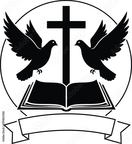 Christian Symbol with Cross, Doves, and Bible Vector Illustration
