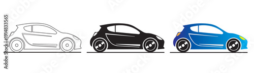 Modern hatchback city car vector element set featuring outline, silhouette, and blue gradient icons for urban transportation and automotive design