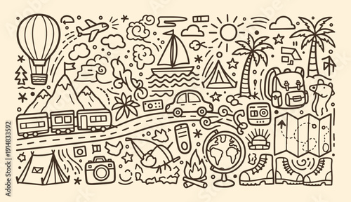 Detailed travel and camping doodle collection with train car globe hiking boots and tropical beach icons
