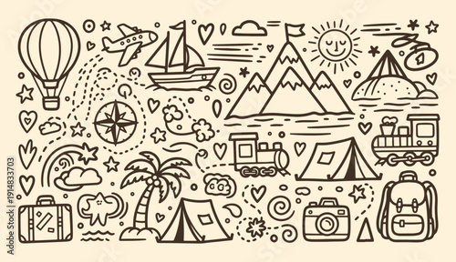 Hand drawn travel and vacation doodle set featuring transport icons camping gear and mountain landscape