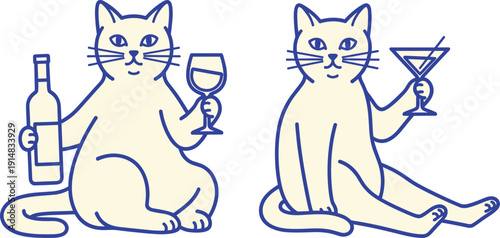 funny party cats illustration, drinking wine cocktail feline characters, humorous pet vector design, cute celebration animal line art set