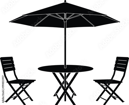 outdoor patio furniture silhouette, garden table chairs umbrella set, cafe terrace seating illustration, backyard dining furniture isolated vector design