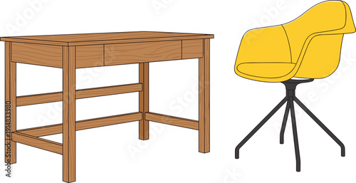 modern wooden desk and yellow chair illustration, home office furniture design, stylish interior workspace vector isolated contemporary decor set