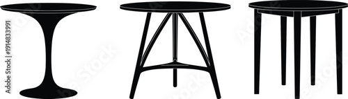 round table silhouettes set, modern furniture icons collection, minimal interior decor illustration, black dining table vector isolated design bundle