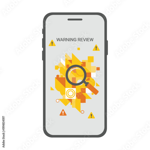 Smartphone screen displaying a warning review with magnifying glass and caution signs