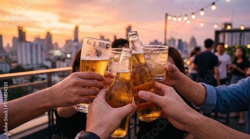 A group of people are celebrating with beer and glasses