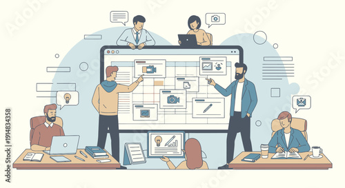 Team collaborating on a large project screen in a modern office environment viewed from a slightly elevated perspective