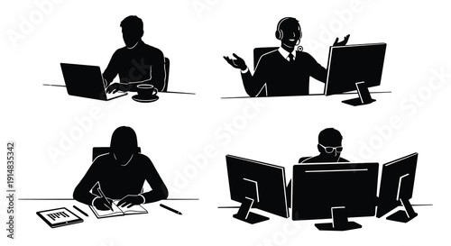 A collection of black silhouettes depicting people working on computers communicating and taking notes on transparent background high quality professional detailed