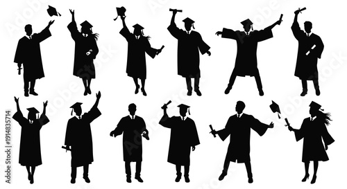 A collection of celebrating graduates in various poses depicted as black silhouettes on transparent background high quality professional detailed modern elegant