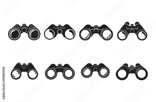 Collection of eight black binocular icons presented from various angles and styles, isolated on a transparent background, perfect for themes of observation and exploration