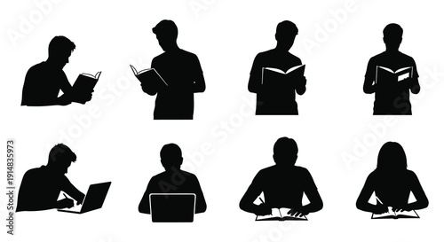A collection of black silhouettes depicting people reading books and using laptops on transparent background high quality professional detailed modern elegant
