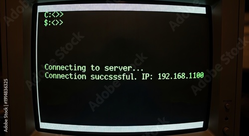 Old CRT Monitor Displaying Connecting to Server and Connection Successful with an IP Address.