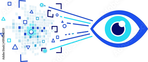 Flat Illustration of Biometric Eye Scanner Scanning Digital Data and Pixelated Information