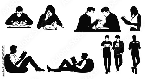 Diverse group of people studying and relaxing in various poses presented as a black silhouette on transparent background high quality professional