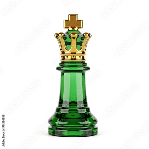 Green chess king piece with gold crown isolated on white background