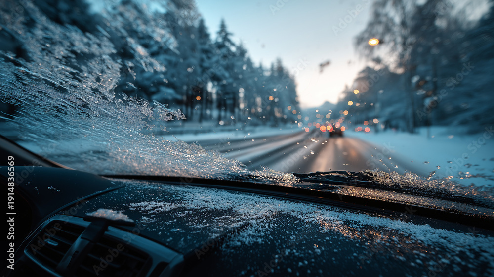 Obraz premium Winter road view through frosted car windshield during cold snowy evening with blurred traffic lights and icy dashboard detail representing seasonal driving conditions 
