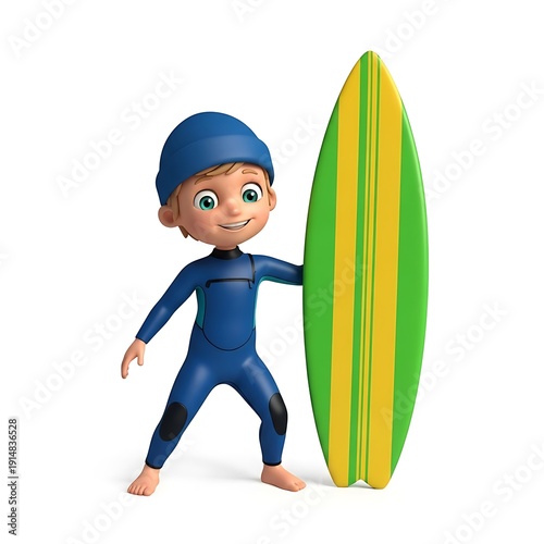 Happy 3d surfer kid with colorful surfboard, fun beach cartoon character, vibrant design