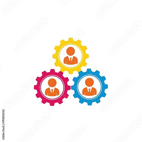 Teamwork concept with gears and people icons in vibrant colors