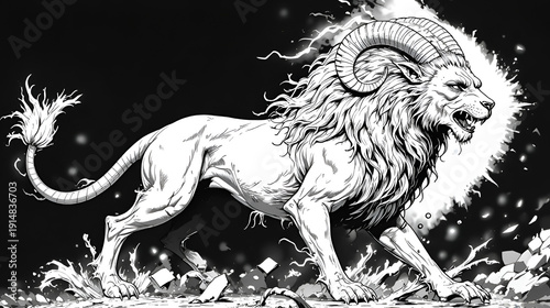 A powerful black and white illustration of a mythical monster, a chimera with the body of a lion, horns of a ram, and a serpent for a tail