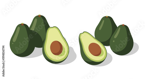 Fresh green avocados whole and halved with pits.