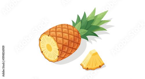 Fresh pineapple fruit with a slice cut off, ready to eat.