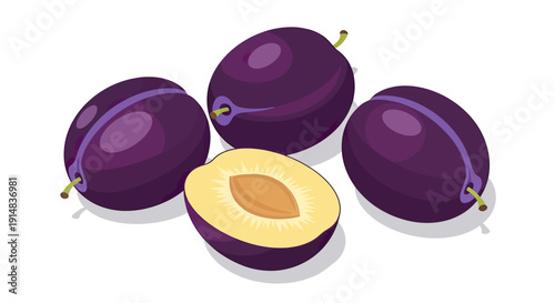 Fresh purple plums with one cut open revealing the pit.