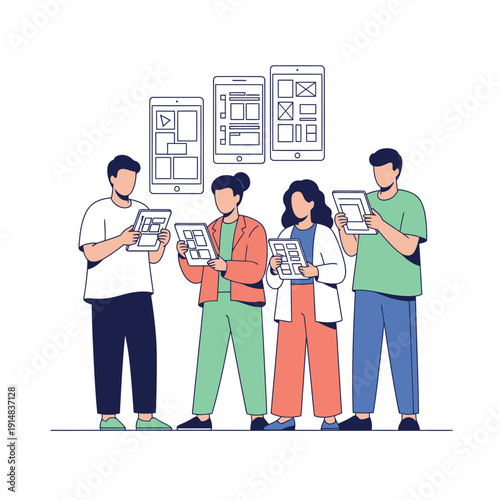 Group of People Reviewing Tablets and Phones for Mobile App Design