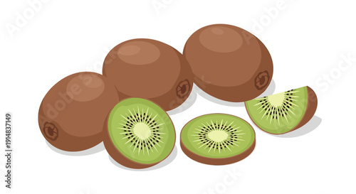 Fresh whole and sliced kiwi fruit with vibrant green flesh.