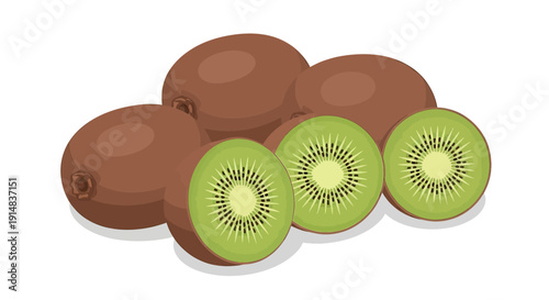 Fresh Whole and Sliced Kiwi Fruit on White Background.