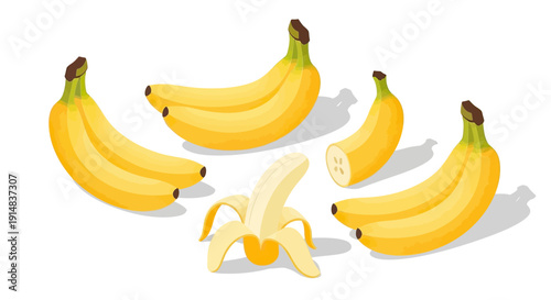 Fresh yellow bananas in various arrangements, including peeled and unpeeled.