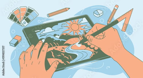 Hands drawing scenic landscape on tablet with pencils and colors