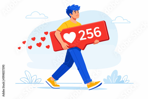 Young Man Walking with Giant Social Media Like Notification Bubble. Digital Engagement, Followers, and Success Concept Vector Illustration.