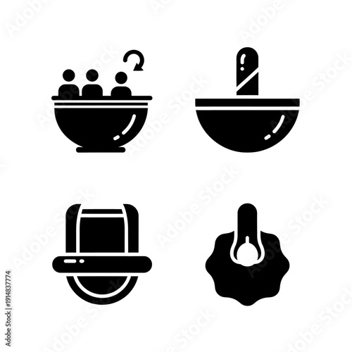 Minimalist black icons depicting a bowl and a toilet. Great for website design, app interfaces, or illustrating hygiene and sanitation concepts.