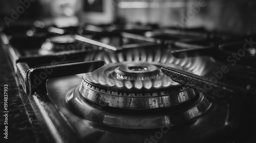 Close-up of gas stove burner with blue flame in kitchen interior representing household cooking energy consumption safety and domestic appliance concept
