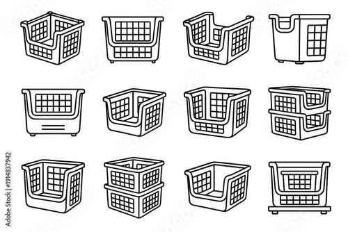 Vector reusable reinforced bin stackable baskets icons base organizer stacking icon corners