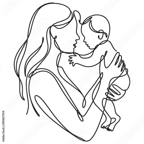 Mother and baby embrace in a minimalist one-line art style, conveying deep maternal love.