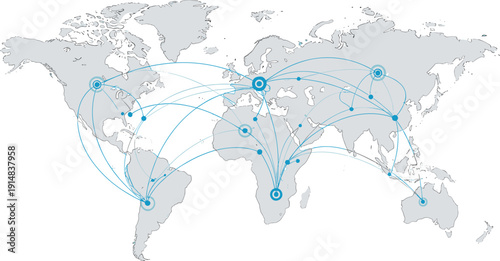 Global Network Connection Map with Digital Communication Lines, Flat Vector World Illustration