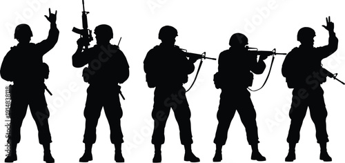 Black silhouettes of a squad of military soldiers standing in various tactical poses with rifles isolated on a clean white background for design