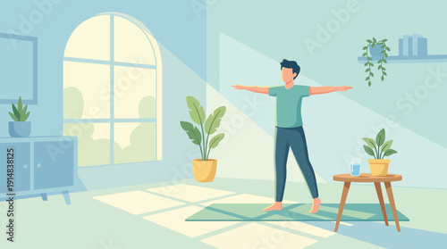 Man Practicing Yoga in a Brightly Lit Room with Plants and Sunlight Streaming Through the Window