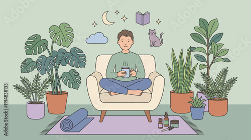 Illustration of a person meditating in a chair surrounded by houseplants and bedtime items