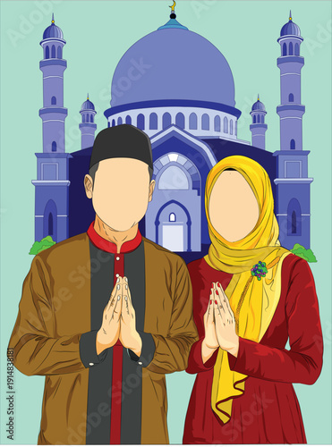 A man and a woman stand wishing each other a happy Eid al-Fitr or Eid al-Adha in front of a beautiful mosque, displaying its magnificent dome and minarets under a clear sky.