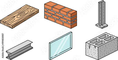 Isometric Construction Materials Set, 3D Vector Illustration of Brick, Wood, Steel and Glass